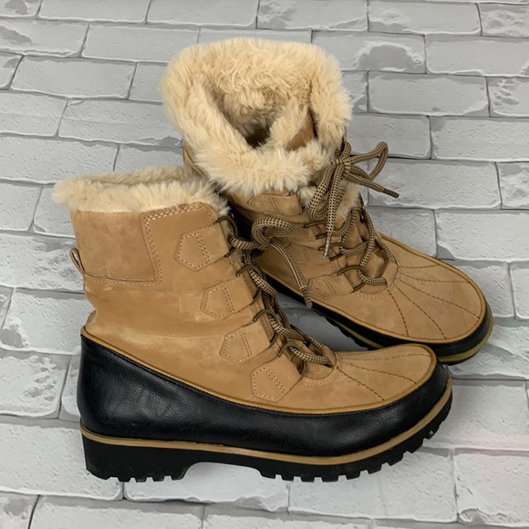 JBU BRUNSWICK boots by Jambu Vegan Faux Fur Lace up Size 7.5. Tan Creme - Picture 1 of 12